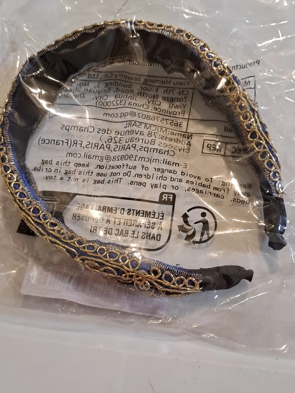 Ornate Headband Dark Blue with Gold Seed Beads and Sequin Accents